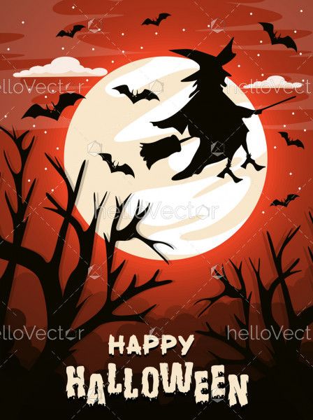 Happy Halloween background with flying witch on the full moon