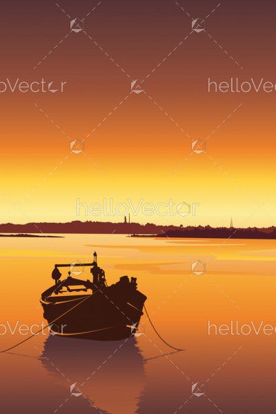 Silhouette of a boat on river at sunset vector background. Mobile wallpapers illustration.