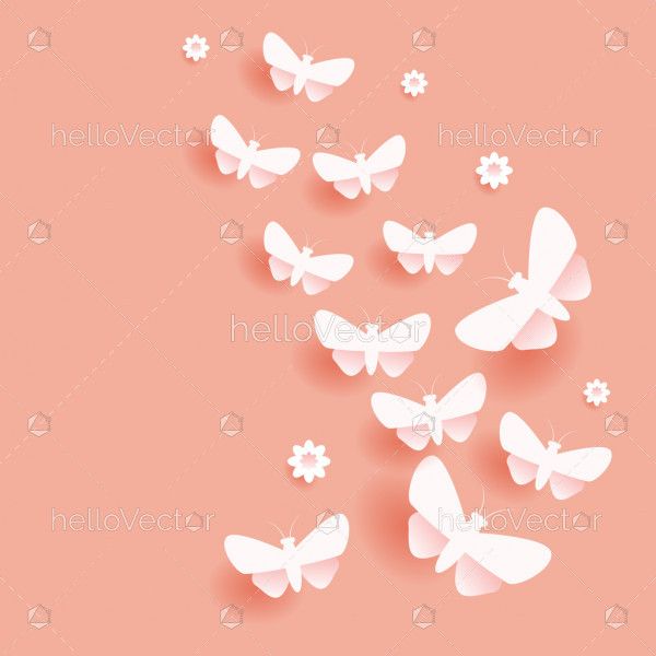 Flying flock of cut out paper butterflies illustration