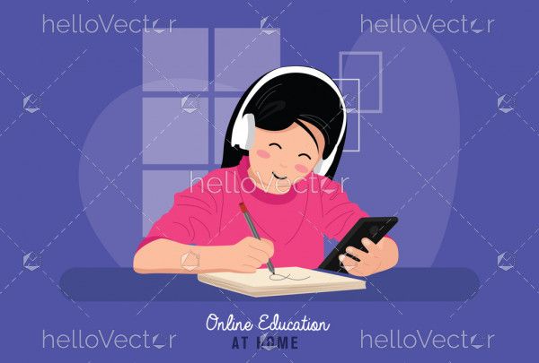Little girl studying online with the phone
