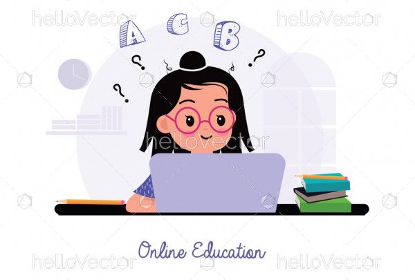 Cute girl is studying online with the laptop at home