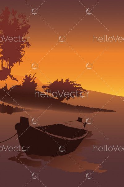 Boat stand at river shore vector. Portrait view background with sunset at the seashore, Nature wallpaper illustration.