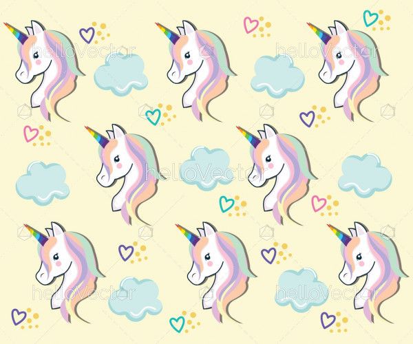 Seamless pattern with rainbow unicorns and clouds
