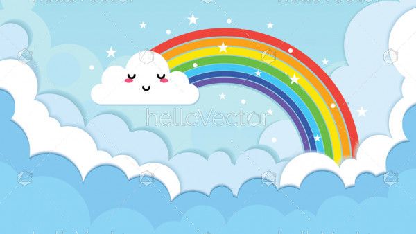 Rainbow with emotion cloud on sky origami style
