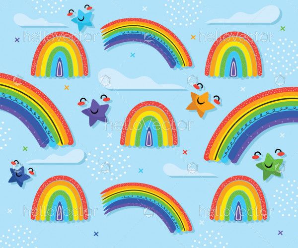 Rainbow, cute stars and clouds in paper art style