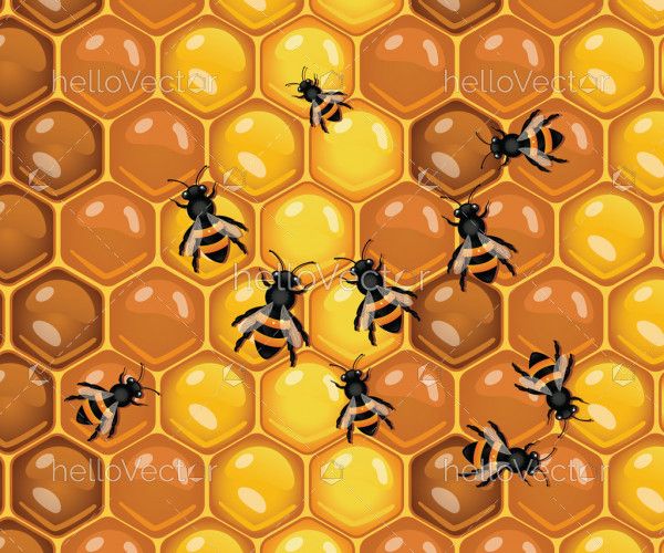 Working bees on honey cells background