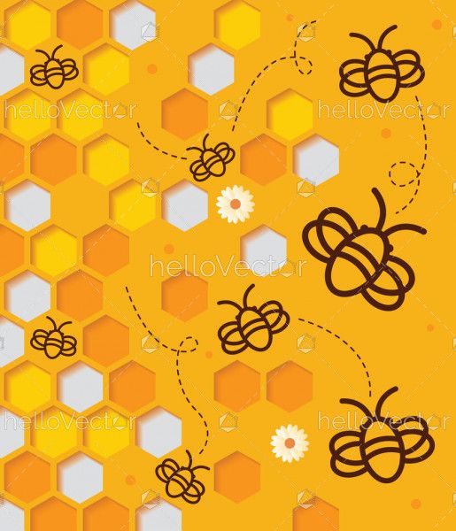 Abstract honeycomb background with flying bee in paper cut design
