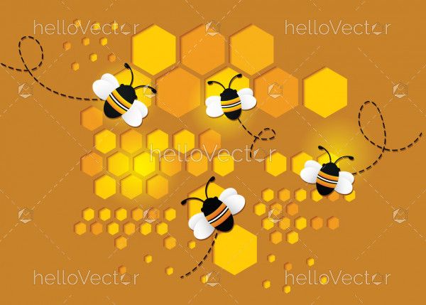 Flying bee on honeycomb paper cut design background