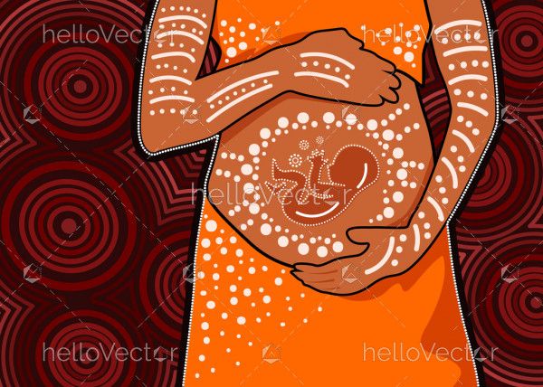Aboriginal dot art painting with pregnant woman