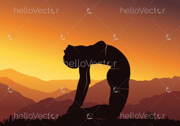 Yoga background. Young woman practicing yoga on mountain, silhouette - vector illustration