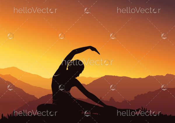 Yoga background. Silhouette of woman doing yoga on mountain - vector illustration 