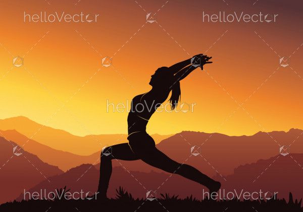 Yoga background. Silhouette of young woman practicing yoga on mountain - vector illustration