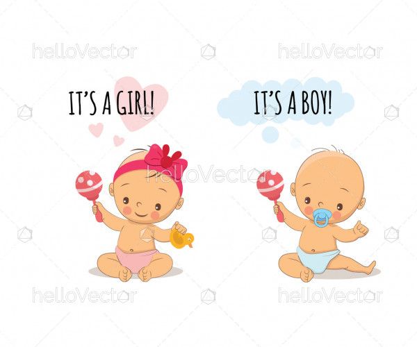 Baby shower greeting card with babies boy and girl