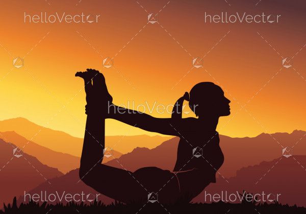 Yoga background. Silhouette of woman doing yoga on mountain - vector illustration
