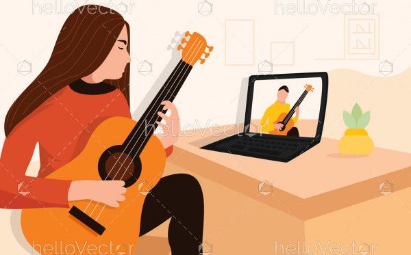 Woman guitar player doing online course