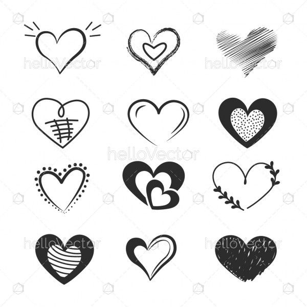 Doodle hearts, hand drawn love heart collection