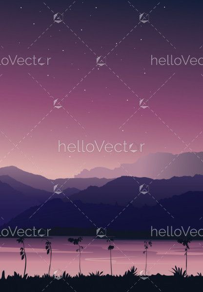 Nature background portrait view. Mountain with river under pink sky with stars - vector illustration