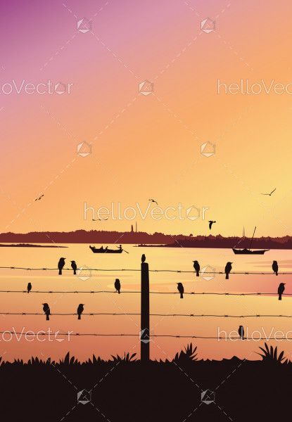 Nature background with river portrait view. Birds sitting on railing, Colorful sunset - Vector illustration