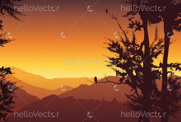 Nature background. Colorful sunset in wild valley, mountain with trees - vector illustration