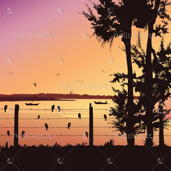 Nature background with river and tree. Birds sitting on railing, Colorful sunset - Vector illustration