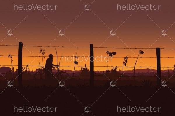 Sunset background vector. Silhouette of man on bicycle at sunset - Vector illustration