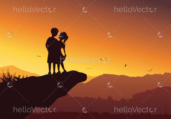 Silhouette of cute couple on top of the mountain - Vector background