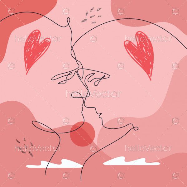 Line drawing illustration of couple kissing