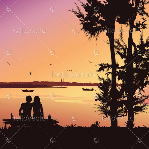 Couple sitting on the bench at sunset, Silhouette vector background