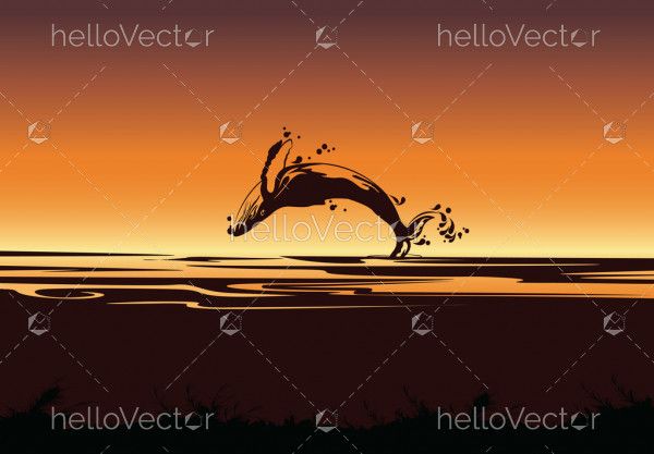 Silhouette of jumping shark, Sea background with fish - Vector illustration