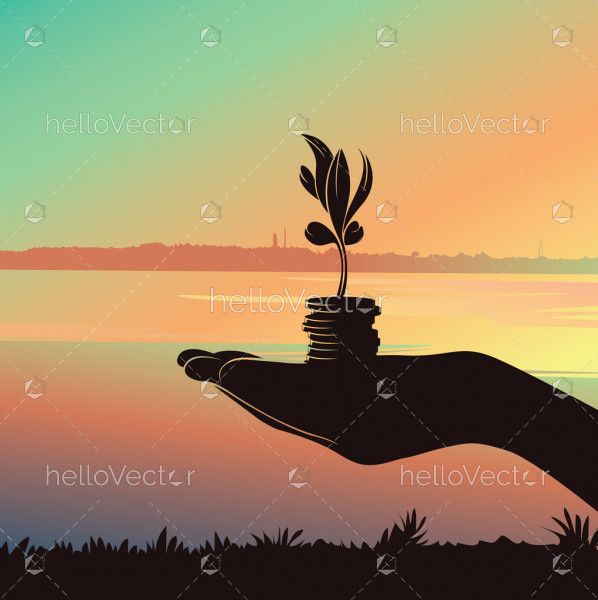 Hand Holding Growing Money Tree, Business Finance And Investment Concept, Silhouette Background - Vector illustration