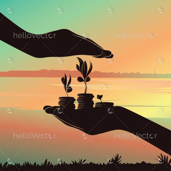 Hands Are Holding A Growing Money Tree, Business Finance And Investment Concept, Silhouette Background - Vector illustration