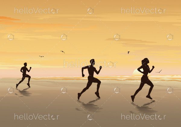 Silhouette of people running on the beach, Jogging & Exercise - Vector illustration