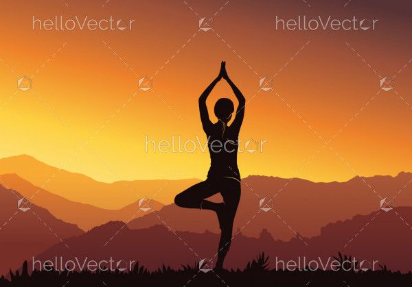 Yoga background. Silhouette of young woman practicing yoga on top of the mountain - Vector illustration