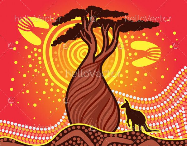 Boab tree nature background in aboriginal style