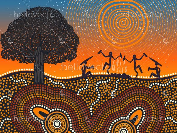 Campfire and dance, aboriginal cultural night painting