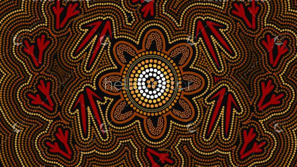 Aboriginal art with kangaroo and emu track