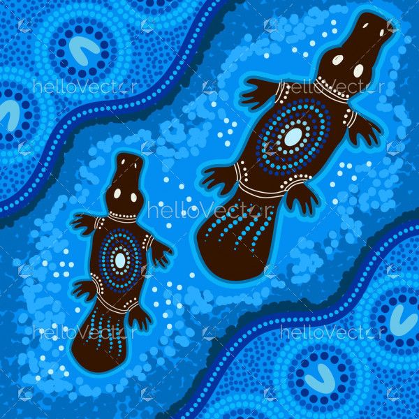 Blue aboriginal artwork with mother platypus and baby