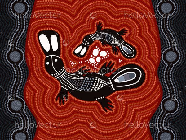 Platypus mother and baby aboriginal dot art