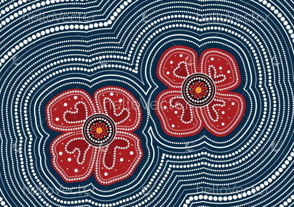 Aboriginal dot art painting with red poppy flowers - Vector Illustration