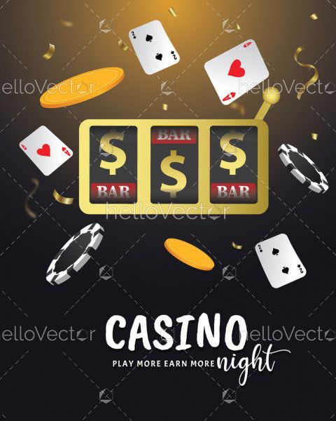 Casino banner with slot machine, falling cards and poker chips
