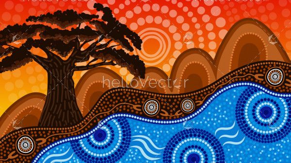 Tree on the hill, nature concept aboriginal art