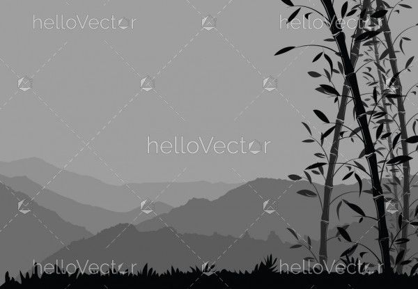 Nature background with bamboo. Black and white scenery wallpaper - vector illustration