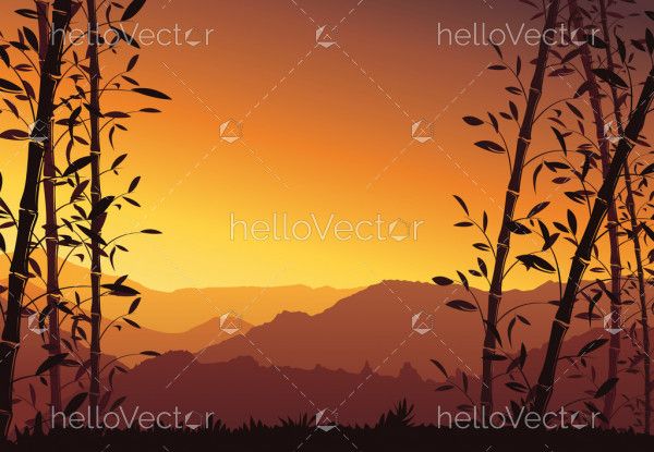 Nature background with bamboo. Colorful sunset wallpaper - vector illustration