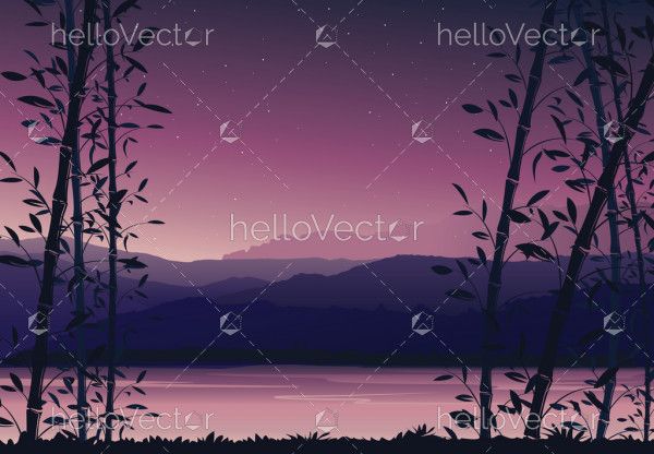 Nature background with bamboo, Colorful sunset, scenery landscape wallpaper - vector illustration