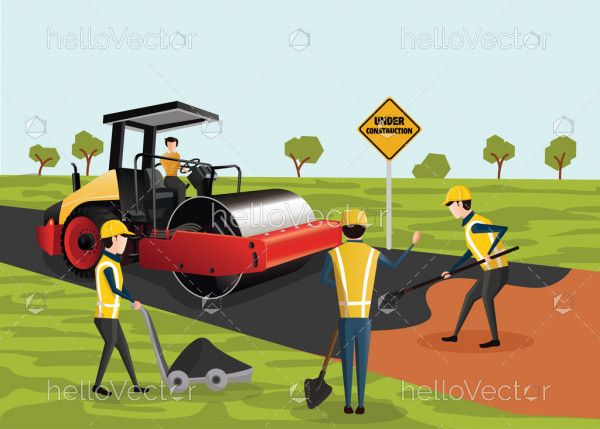 Road Construction Vector - The process of building a new road. Road rollers working on the new road.