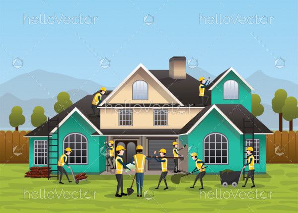 Building, house construction design & concept. Residential house construction process - Vector Illustration
