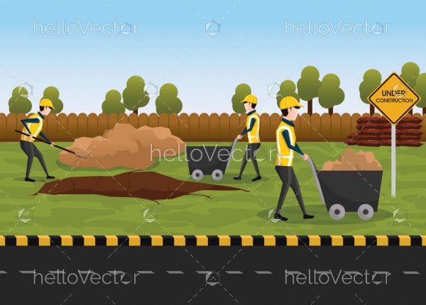 Road Construction Vector - The process of building a new road. Group of workers are repairing the road. 