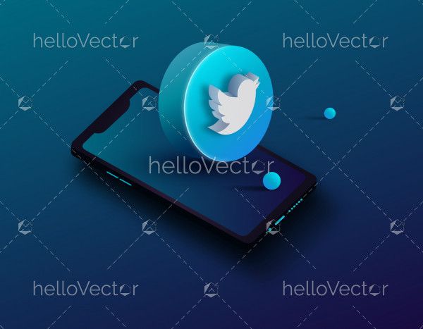 3d blue twitter circle icon with mobile - illustration