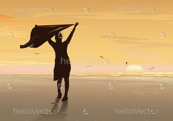 Freedom and independence concept background, Silhouette of a happy woman open arms under the sunset on the beach - Vector illustration
