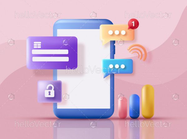 Mobile with credit card, communication and growth icons. 3D render illustration